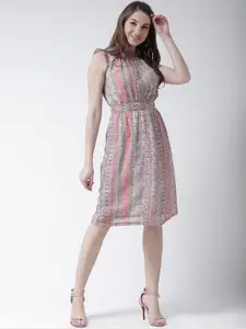 KASSUALLY Peach-Coloured & Grey Geometric Printed Fit and Flare Dress