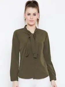 Berrylush Women Olive Green Solid Shirt Style Top
