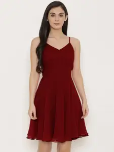 MABISH by Sonal Jain Women Solid Maroon Fit and Flare Styled Back Dress