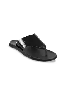 Mochi Men Black Solid Leather Comfort Sandals