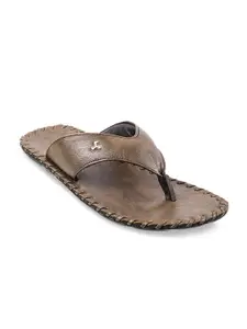 Mochi Men Olive Brown Solid Leather Comfort Sandals