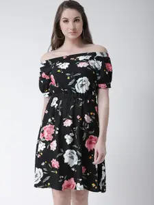 KASSUALLY Women Black & White Floral Print Fit and Flare Dress