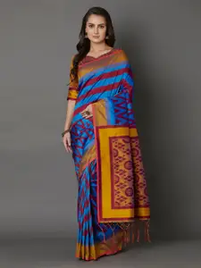 Mitera Blue & Mustard Yellow Silk Blend Printed Saree