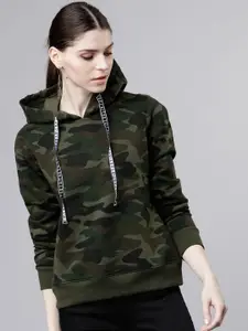 Tokyo Talkies Women Olive Green Camouflage Printed Hooded Sweatshirt