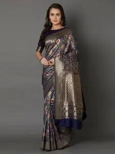 Mitera Navy Blue & Gold-Coloured Silk Blend Woven Design Banarasi Saree