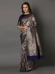 Mitera Navy Blue Silk Blend Woven Design Banarasi Saree