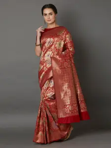 Mitera Red Silk Blend Woven Design Banarasi Saree