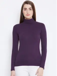 Hypernation Women Purple Solid Turtle Neck T-shirt