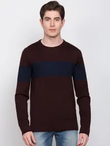 LINDBERGH Men Brown & Navy Blue Striped Sweater