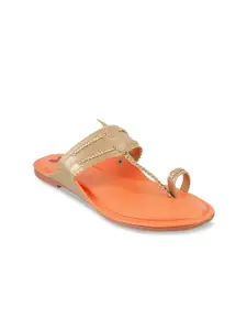 Metro Women Gold-Toned Textured T-Strap Flats