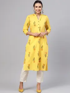 anayna Women Yellow Floral Printed Straight Kurta