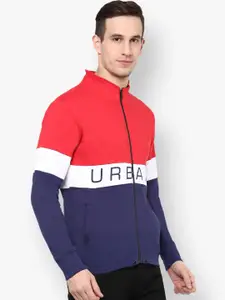 Urbano Fashion Men Colourblocked & Brand Logo Print Front-Open Sweatshirt