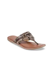 Mochi Women Brown Animal Printed T-Strap Flats
