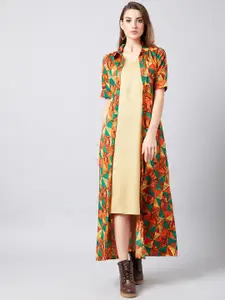 Athena Women Beige Solid A-Line Dress With Longline Shrug