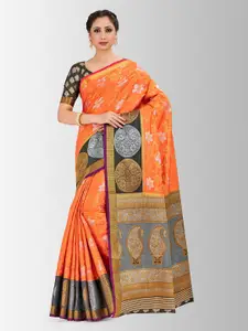 MIMOSA Orange Art Silk Woven Design Kanjeevaram Saree