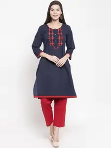 WESTCLO Women Blue & Red Embroidered A-Line Pure Cotton Kurta