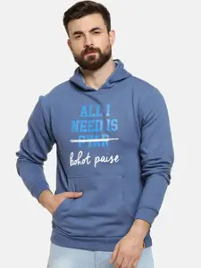 Campus Sutra Men Blue & White Printed Hooded Pullover Sweatshirt