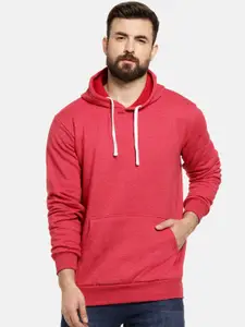 Campus Sutra Men Red Solid Hooded Pullover Sweatshirt