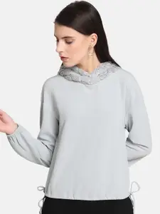Kazo Women Grey Solid Hooded Sweatshirt