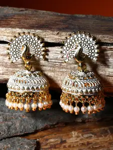 ANIKAS CREATION White & Gold-Plated Enamelled Peacock Shaped Jhumkas