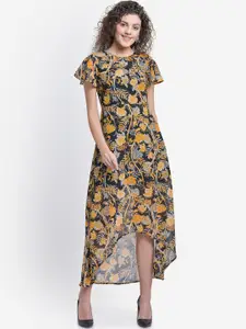 Martini Women Black & Yellow Floral Printed  Fit and Flare Dress