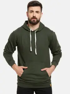 Campus Sutra Men Olive Green Solid Hooded Pullover Sweatshirt