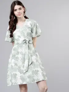 Tokyo Talkies Women Green & White Printed Fit and Flare Dress