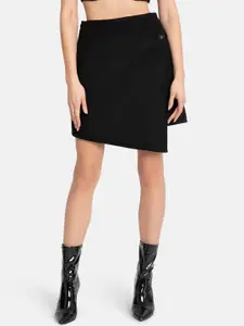 Kazo Women Black Solid High-Rise A-Line Asymmetric Mini Skirt