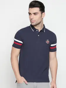 GIORDANO Men Navy Blue Striped Polo Collar T-shirt