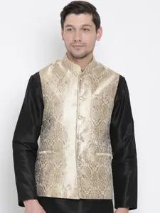VASTRAMAY Men Gold-Toned Woven Design Silk-Blend Nehru Jacket