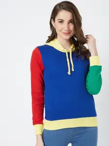 The Dry State Women Blue & Yellow Colourblocked Hooded Sweatshirt