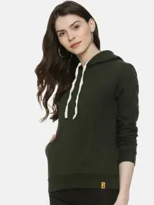 Campus Sutra Women Green Solid Hooded Sweatshirt