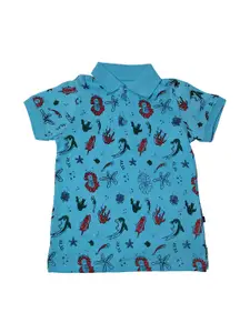 KiddoPanti Boys Blue Printed Polo Collar Pure Cotton T-shirt