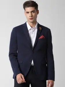 Peter England Men Navy blue Self Design Single-Breasted Slim-Fit Blazers