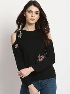 Marie Claire Women Black Embroidered Pullover Sweatshirt
