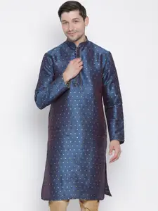 VASTRAMAY Men Blue & Gold-Coloured Woven Design Straight Kurta