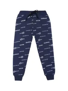 Lil Tomatoes Boys Navy Blue & White Printed Mid-Rise Joggers