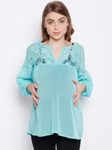 Oxolloxo Women Sea Green Self Design A-Line Maternity Top With Camisole