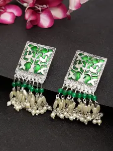 Moedbuille Green & Silver Plated Handcrafted Meenakari Classic Drop Earrings