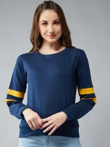DOLCE CRUDO Women Navy Blue & Yellow Solid Sweatshirt