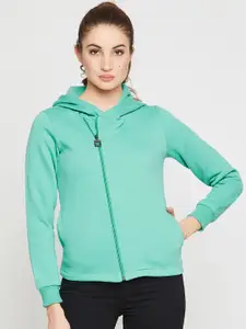 RARE Women Sea Green Solid Hooded Sweatshirt