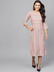 Indo Era Women Cream-Coloured Candy Striped A-Line Dress
