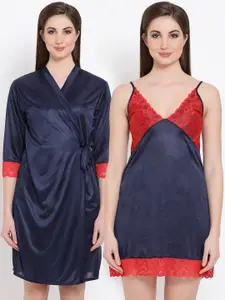 Clovia Blue & Red Solid Lace Nightdress With Robe