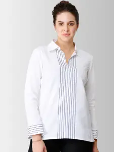 FableStreet Women White Striped Linen Shirt Style Top