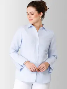 FableStreet Women Blue Regular Fit Solid Pure Linen Casual Shirt