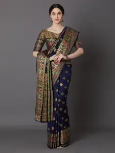Mitera Navy Blue & Gold-Toned Silk Blend Woven Design Banarasi Saree