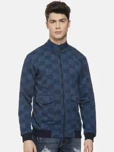 Campus Sutra Men Blue and Black Printed Bomber Jacket