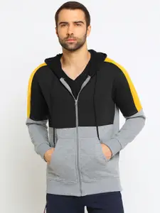 Maniac Men Grey & Black Slim Fit Colourblocked Hooded Sweatshirt