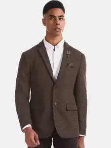 Arrow New York Arrow New York Men Brown Self-Design Zero Calorie Slim-Fit Single-Breasted Formal Blazer