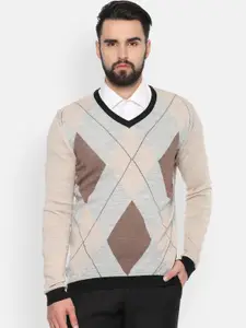 Van Heusen Men Beige & Brown Argyle Pullover Sweater